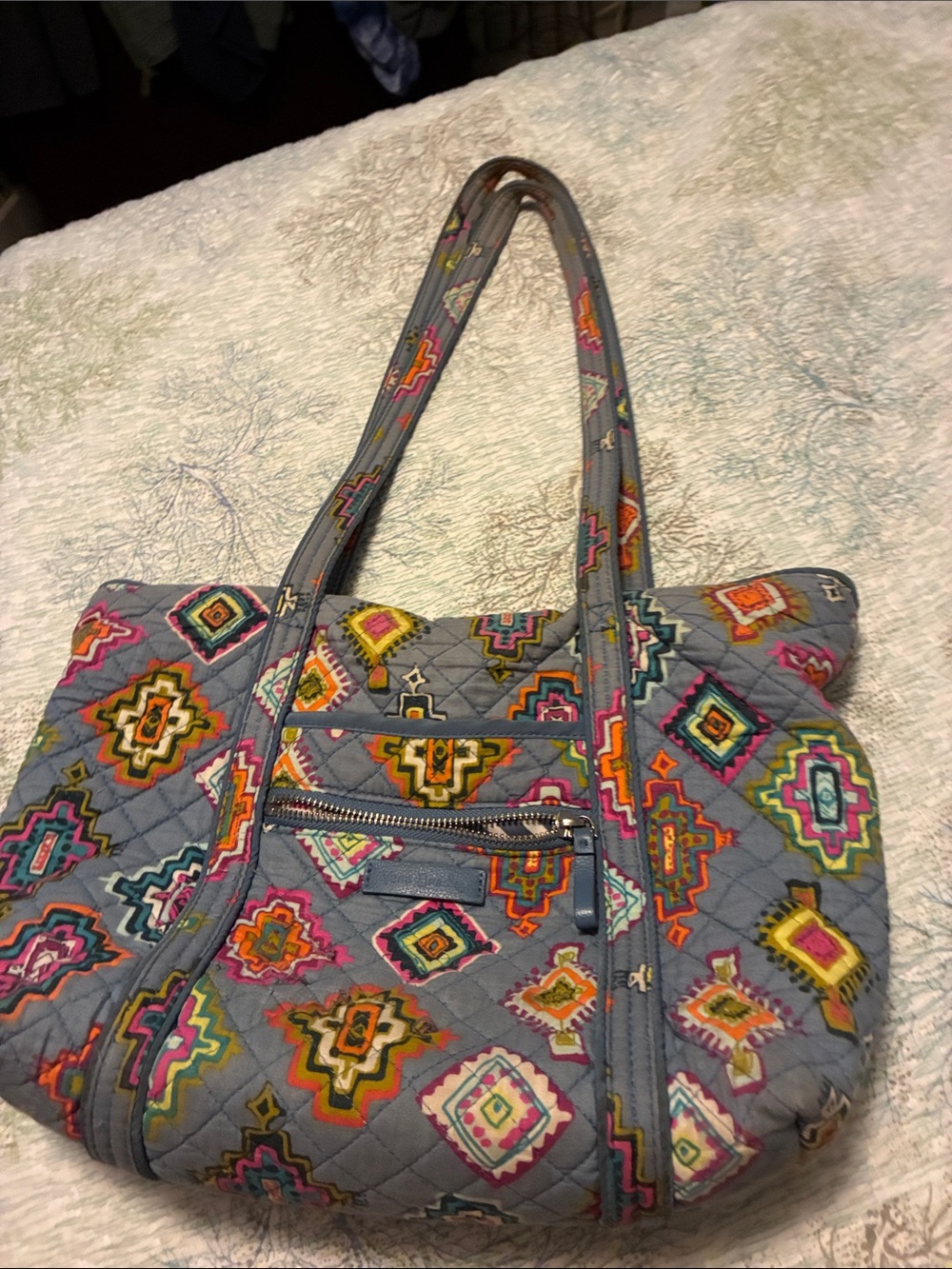 Vera Bradley Gray Quilted Tote with Multicolor Geometric Embroidery